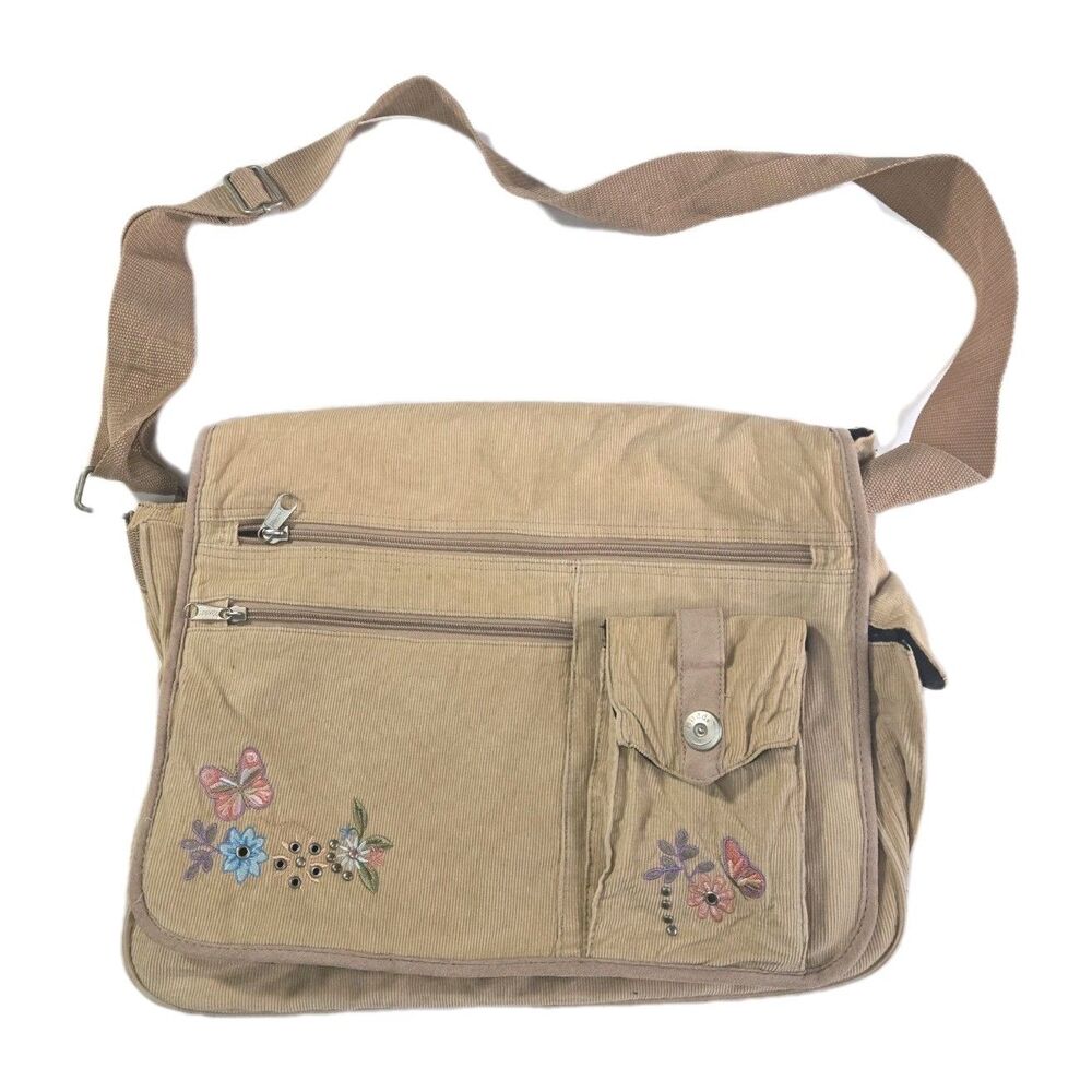 Mudd Vintage Denim Messenger Bag 00s Y2K Beige Floral Embroidered Crossbody - Picture 1 of 16